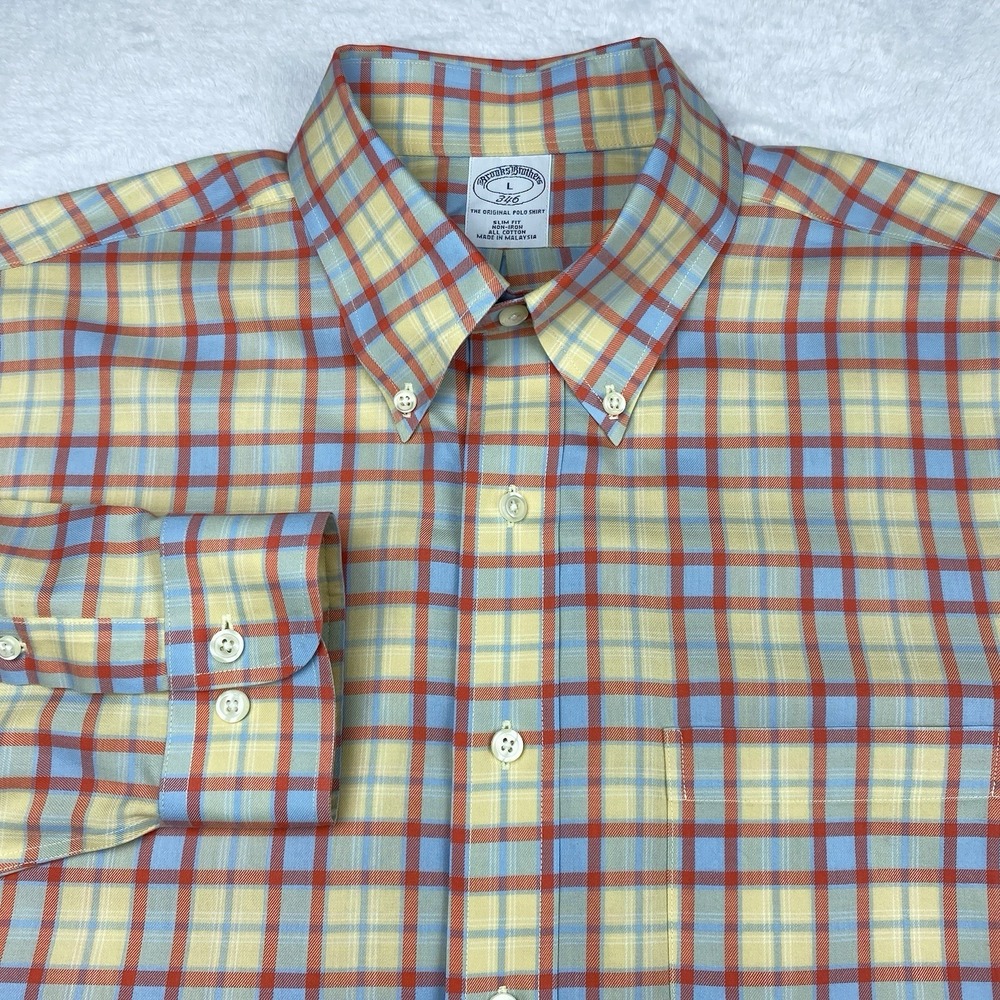 Brooks Brothers Men's Large Yellow Blue Orange Plaid Dress Shirt Slim Fit Non Ir